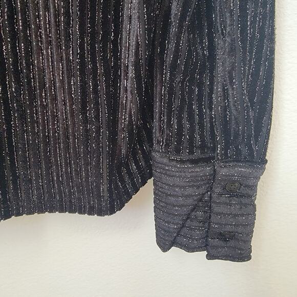 House of Harlow Black Velvet Striped‎ Button Up Long Sleeve Metallic Sheer Small - Picture 10 of 10